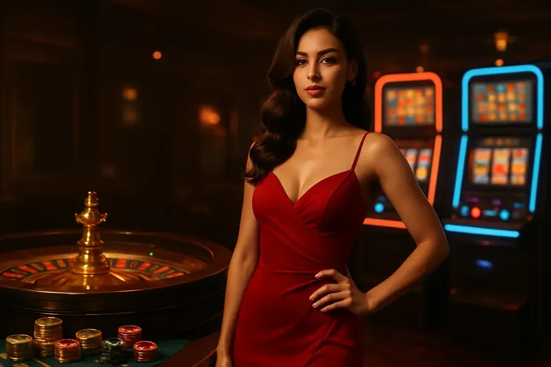 Bangladesh Casino Banner Elegant woman in red dress near roulette and slot machines with neon lights and gold coins in luxury casino